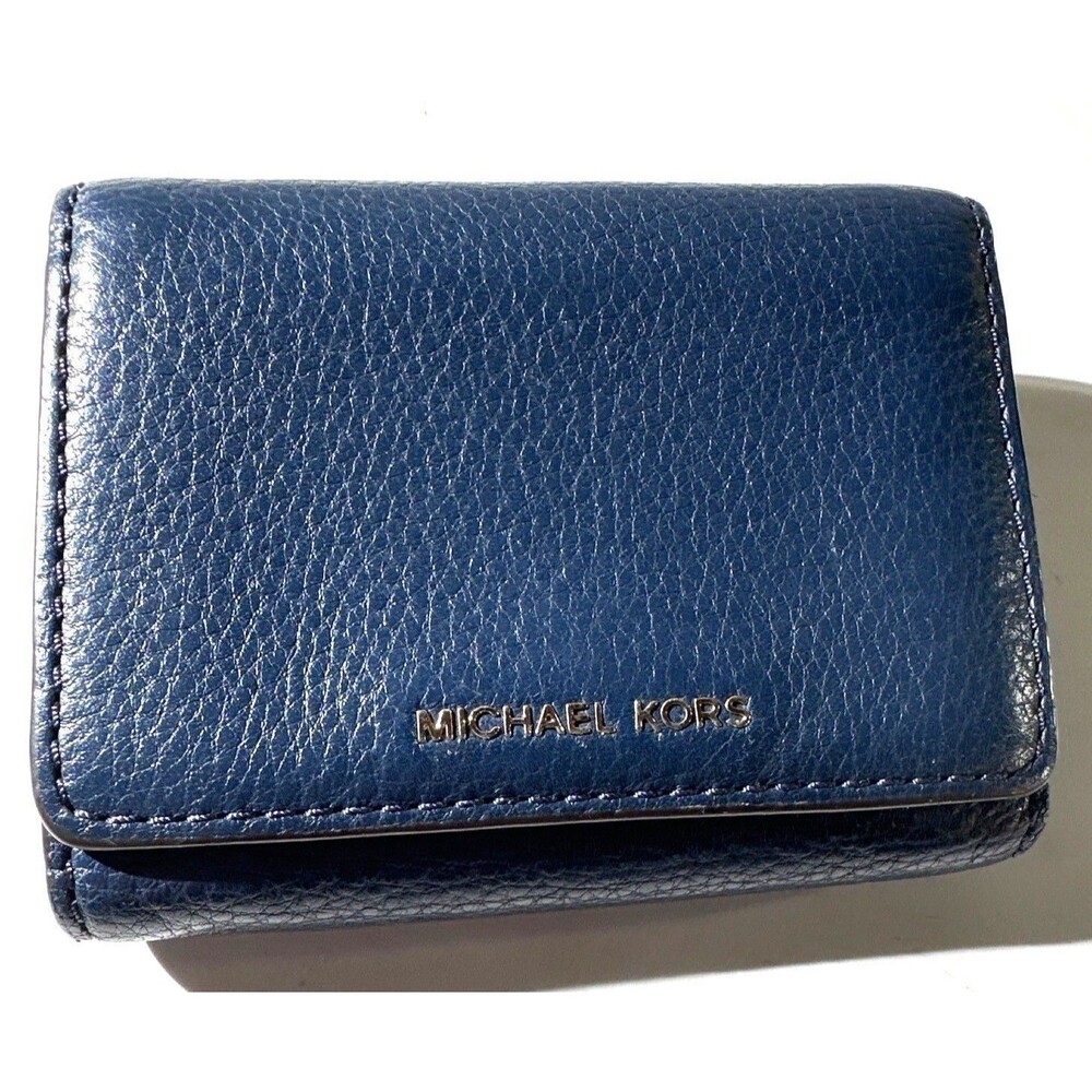 Michael Kors Blue Leather Tri-Fold Wallet Snap Closure Zipper Coin Compartment